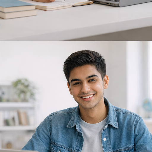 Smiling student preparing for the O Level Exam at a laptop